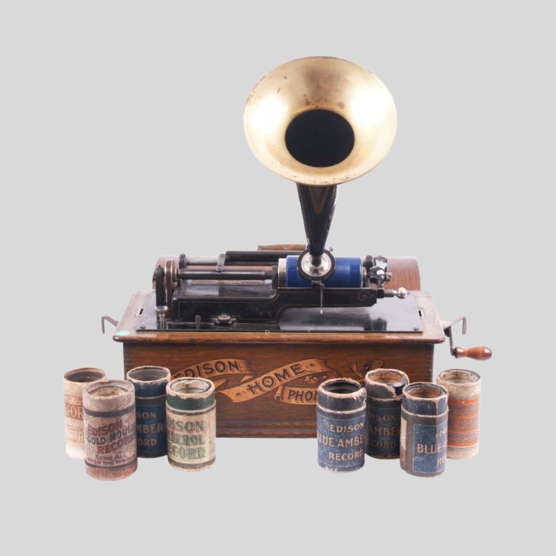 thomas a. edison home phonograph with 9 original cylinder records.19th century